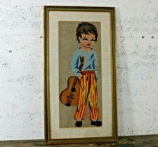 QUADRO Punto Croce Bambino con Chitarra VINTAGE Con Cornice in Legno 66x35 cm