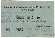 5 LIRE PRIGIONIERI GUERRA CAMPO CONCENTRATO 54 PASSO CORESE (RI) 1939/45 BB-