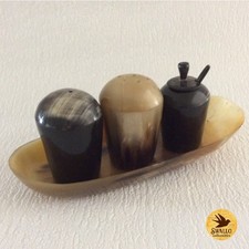 Vintage horn cruet set on tray