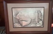 OTTAVIANI Quadro rilievo argento 925 -   Pescatori sulla spiaggia  1974
