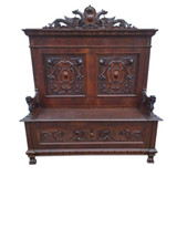 Antica cassapanca con schienale ricca scultura Panca in noce ,fine 800