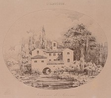 E. TOUDOUZE (XIX secolo), Souvenir de Provence, villa di campagna, acquaforte romantica