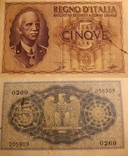 1940 Italy 5 lire grade VF (no