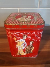 Vintage Red Geisha Scenes Hinged Tea Tin
