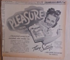 Pubblicità giornale 1938 per Chesterfield - donna sbuffa fuori Piacere in fumo