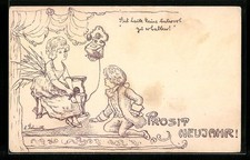 Giovane donna e giovane uomo con telefono, cartolina 