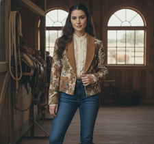 Giacca corta vintage Pioneer Wear donna 12 western arazzo equitazione scamosciato