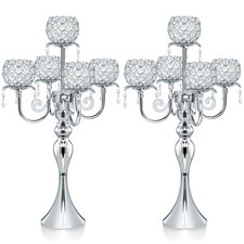 5 Arm Crystal Strap Pendant Silver Table Decor Candelabra Set of 2, 22.5 inch...