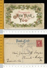 V2308] BUON ANNO NUOVO - CON CORNICE AGRIFOGLIO E CAMPANE - RILIEVO 1912