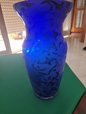 Vaso In Vetro Blu Cobalto Con Decori Satinati