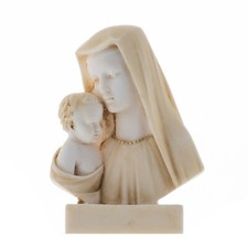Statua Vergine Maria Madre di Gesù Madonna che regge bambino busto in alabast...