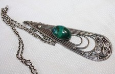 Collana Rolo Antica Art Deco Argento Sterling Cabochon Diaspro Verde Pendente 20"
