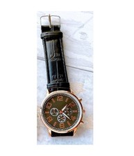 Orologio Da Polso Uomo Analogico Cronografo Cinturino Pelle Elegante Dorato Nero