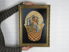 QUADRO FIGURA SACRA MOSAICO INTARSIO LEGNO CON CORNICE DORATA EPOCA XX SEC.