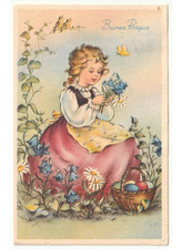 1957 bambina fiori di prato cesto uova colorate farfalla cartolina Buona Pasqua