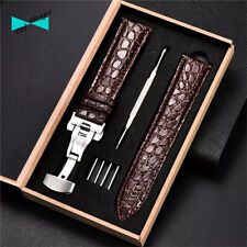 Cinturino orologio in pelle coccodrillo marrone 22 mm fibbia deployante argento