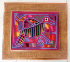 ♥ VECCHIA MOLA VINTAGE ANIMALE KUNA INDIOS PANAMA CORNICE JUTA BIRD MULTICOLOR
