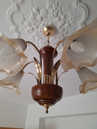 Lampadario antico legno vetro - ,