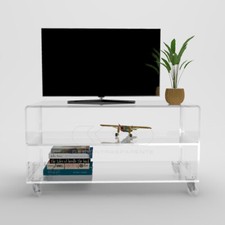 Carrello TV 70x30 mobile in plexiglass trasparente, ruote e ripiani