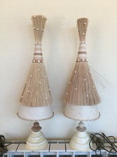 Coppia lampade nuove stile etnico in pergamena, paglia, base in gesso, 63 cm