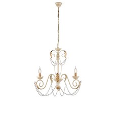 Lampadario Shabby Damasco 3 Luci Ferro Battuto Avorio E Oro Con Cristalli