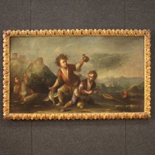 Dipinto olio su tela paesaggio con bambini quadro antico XVIII secolo 700 arte