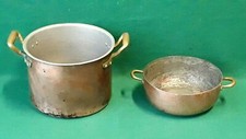 LOTTO 2 ANTICHE PENTOLE PENTOLA STAGNATE CASSERUOLA RAME MANICI OTTONE. VV21