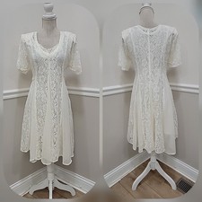 Starina Mini Abito Bianco Vintage Pizzo Cottagecore Prairie Boho Spiaggia Matrimonio M