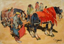 BASSO RAGNI  Arte Moderna Italia - Cavalli e Gitani - Dipinto a olio