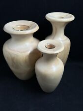 Wooden Lathe Turned Bud Vase Set (3) Glass Insert (2) 8.75” 8” 6.5” Hand Crafted