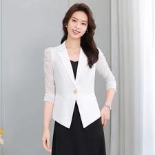 Giacca Donna Bianca Chic Blazer Slim Elegante Con Maniche In Tulle CF51570