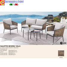 SET Salotto Divani in VIMINI e ALLUMINIO Con Tavoli Rotondi 2 Poltrone Panca