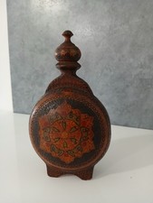 Antica Bottiglia Borraccia Fiasco Vino in Legno Lavorato e Decorato Vintage