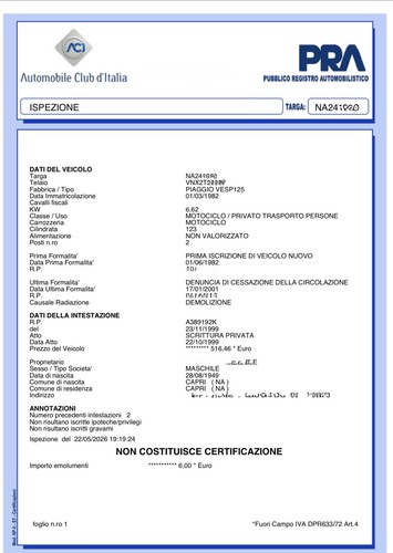 Vespa px125 visura targa - , na