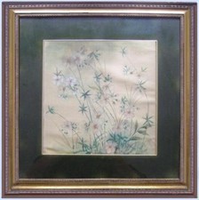 quadro acquerello lino anni 70 fiori cornice foglia oro