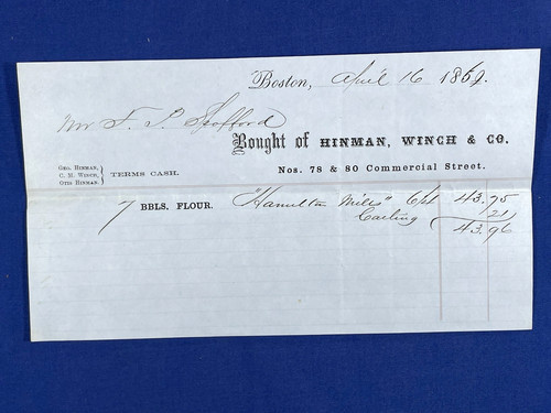 1869 ricevuta hinman winch - hinman,, &