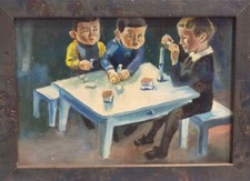 Scuola Espressionista Tedesca, Bambini al tavolo, olio su tavola, 14,5x20 cm