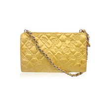 Autentica Pochette Chanel Giallo Goffrato Pelle Verniciata Simboli Fortunati Borsa