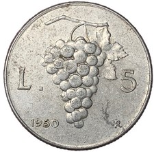 5 LIRE 1950 - UVA - REPUBBLICA ITALIANA - MB -
