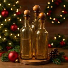 Set bottiglie vetro ambrato crepitante vintage con tappi in legno raro ritrovamento decorativo