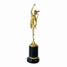 Statua Hermes Mercurio dio greco romano in bronzo dorato lucido su base in...