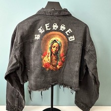 Giacca denim Trio Urban Blessed Virgin Mary cropped effetto invecchiato nero M/L - nuova con etichette