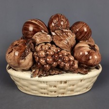Scultura Ceramica Cesto Frutta Maiolica Italiana Marrone Bianca Vintage Anni ‘60