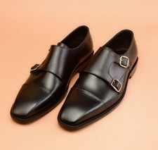 Scarpe da monaco doppio uomo fatte a mano in pelle nera, scarpe da ufficio formali nere