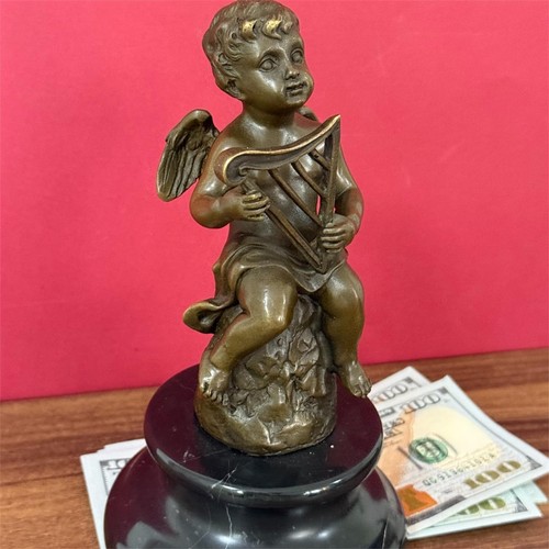 Statua putto bronzo arpa - putto,