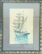 BARCA A VELA. ACQUERELLO SU CARTA. JULIAN DEL POZO Y LA TORRE. XIX-XX SECOLO.