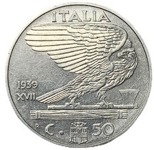 50 CENTESIMI 1939 XVII - AMAGNETICA - VITTORIO EMANUELE III - ITALIA - qSPL -