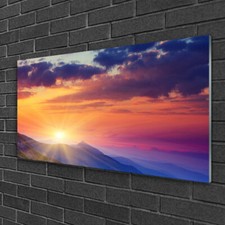 100x50 Quadro Immagine Arte da Parete Vetro  Sole Montagne Paesaggio
