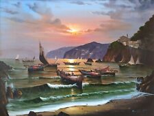 Paesaggio costiero napoletano con barche grande dipinto olio originale firmato 36x48