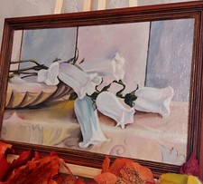 Riproduzione Dipinto olio su tela Cornice 33x23cm, Vintage Anno 1995 campanule  